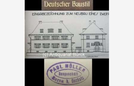 Deutscher Baustil. Mappe mit teils ankolorierten, gedruckten Entwurfszeichnungen für Villen, Miets- und Reihenhäuser.