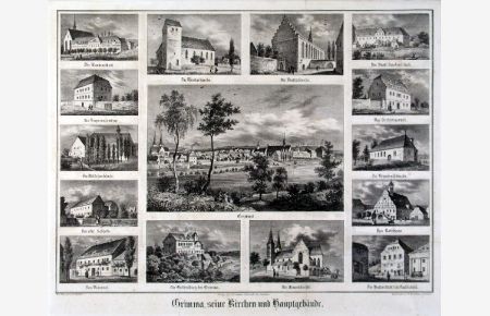 Grimma, seine Kirchen und Hauptgebäude. Gesamtansicht (12, 5 x 19, 5 cm), umgeben von 14 Teilansichten.