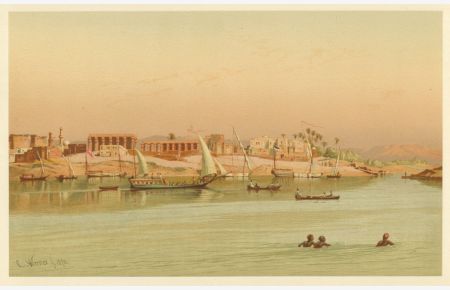 Die Tempel von Luxor vom Nil aus gesehen.