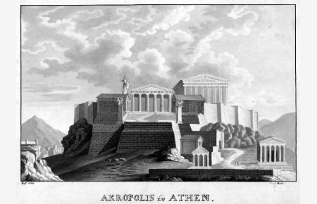 Akropolis zu Athen. Blick zur Akropolis, vorne mittig die Propyläen, rechts das Parthenon, unten Inschrift.