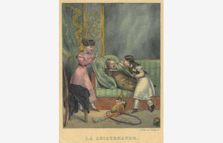Le Chiquenaude (=Der Nasenstüber). Blick in ein Biedermeierwohnzimmer mit zwei Mädchen und einem schlafenden Knaben, der einen Nasenstüber bekommt, vorne eine große Harlekinpuppe, unten Inschrift.
