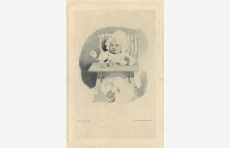 Kleinkind mit Häubchen, sitzend in seinem Kinderstühlchen, vor sich Kinderbecher und -teller.