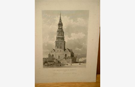 Die Nicolai-Kirche in Hamburg (1842). Original-Stahlstich von H. Gray nach Laeisz um 1850. .