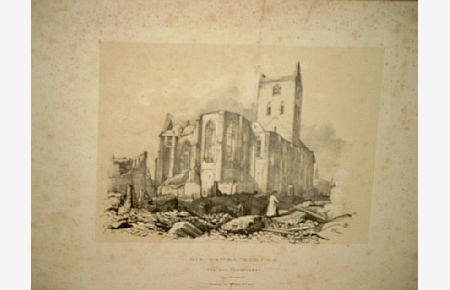 Die Petri-Kirche von der Paulstrasse. Getönte Lithographie von Otto Speckter. ( Hamburger Brand 1842 )