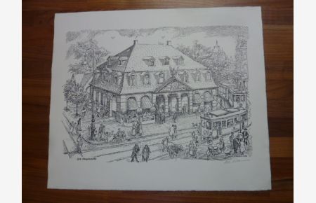 Genrebild: Die Hauptwache [in Frankfurt am Main um 1910], (signiert), im Vordergrund mit reicher Personenstaffage und einer Straßenbahn mit drei Wagons,