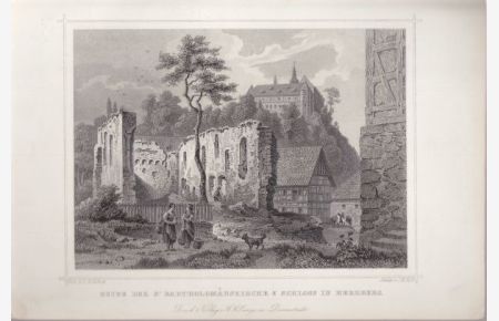 Ruine der St. Bartholomäuskirche & Schloss in Herzberg  - Stahlstich nach einer Zeichnung von L. Rohbock von J.M. Kolb.