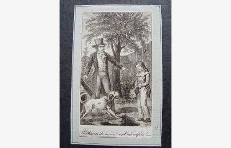 Hund der einen eindringenden Jungen im Garten stellt. Reizender Kupferstich um 1820