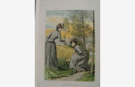 Kleeblatt Damen pflücken vierblättrigen Klee farbige Lithographie um 1870