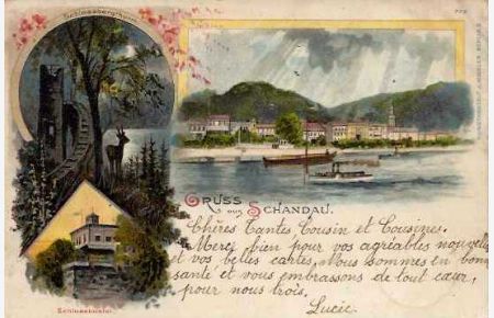 Gruss aus Schandau.   - Potpourrie-Ansichtskarte mit 3 Bildern: Gesamtansicht mit Elbe, Schlossbergthurm; Schlossbastei.