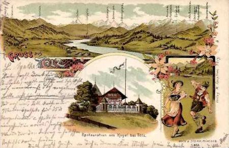 Gruss aus Tölz.   - Potpourri-Ansichtskarte mit 3 Bildern: Gebirgspanorama; Restauration am Kogel bei Tölz; Tanzendes Trachtenpaar.