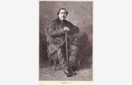 Rossini, Gioachino ( 1792 Pesaro - 1868 Ruelle. Komponist ). Porträt. Altersbildnis in ganzer Figur auf Sessel sitzend, auf Gehstock gestützt. Holzstich von Robert nach Mouilleron, datiert 1867. Reine Bildgröße : 24, 5 x 16, 5 cm.