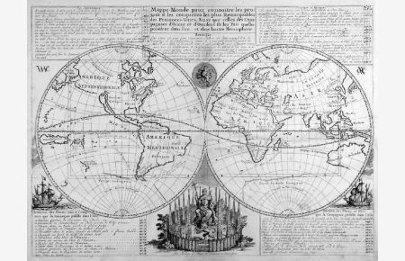 Mappe-Monde pour connoitre . . . les conquestes . . . des Provinces-Unies . . . dans l`un et dans lautre Hemisphere.  Weltkarte in zwei Hemisphären, in den Ecken gestochene Erklärungen 1 - 47.