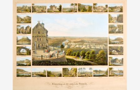 Erinnerung an die sächsische Schweitz. Weite Aussicht vom großen Winterberge (25 x 36, 5 cm), umgeben von 24 kleinen Ansichten aus der sächsischen Schweiz.