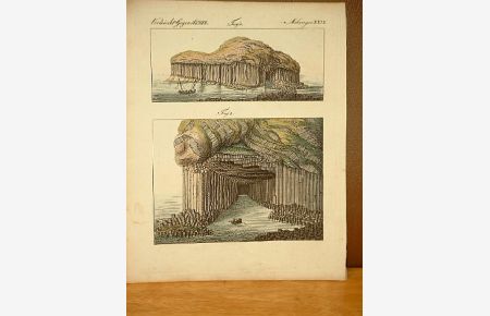 Die Fingals-Höhle auf der Insel Staffa ( Hebriden ). Altkolorierter Kupferstich aus dem Bilderbuch für Kinder von Friedrich Bertuch um 1800.