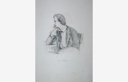 Portrait. Halbfigur nach links, sitzend in der Hand eine Malerpalette. Stahlstich von F. Richter.