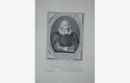Portrait. Halbfigur en face in Schriftoval, mit beiden Händen ein Buch haltend. Kupferstich von Andreas Khol. Unten mit lateinischem Spruch.
