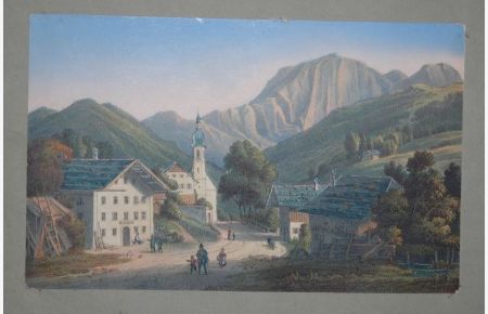 Ansicht von Ramsau bei Berchtesgaden. Altkolorierte Lithographie.