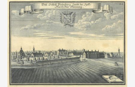 Das Schloß Plutenburg, sambt der Hoff=March Ober Mennzing. Blick über Felder auf Schloß und Ort, davor die Würm.
