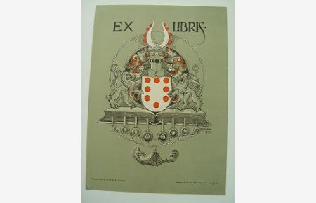 Ex libris Wappenschild mit Löwen auf einem Buch stehend Entwurf Martin Kortmann, 1905