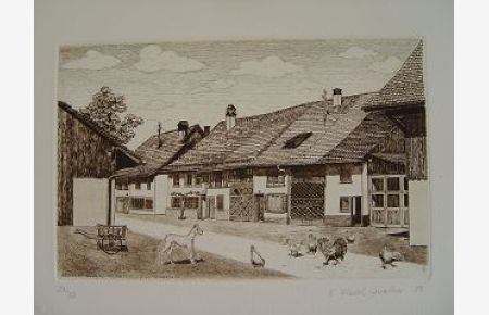 Renate Riedel-Anacker Winterthur Schweiz signierte Originalradierung Bauernhof mit Hühnern 1989