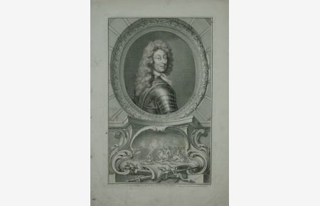 Portrait. Brustfigur nach rechts in Rund mit langem Haar, darunter eine militärische Kampfszene. Kupferstich von J. Houbraken nach G. Kneller.