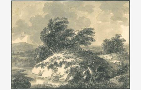 Blick auf eine Hügellandschaft mit sturmgepeitschten Bäumen, vorne ein Bachlauf, im Hintergrund links Dorfsilhouette.