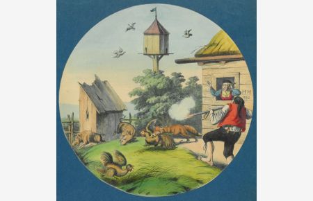 Vor seinem Bauernhaus schießt der Bauer auf einen Fuchs, der sich einen Hahn geschnappt hat, dazu Schweine und ein Huhn. Im Rund.