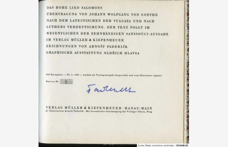 Das Hohe Lied Salomons.   - In der Übertragung von Johann Wolfgang von Goethe. Illustrationen von Arnost Paderlik.