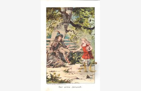 Junge im Wald auf Bank, Mädchen mit Ball Original Chromolithographie 1892 Lithography
