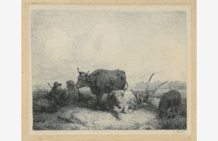 Der ruhende Ackersmann. In einer flachen oberbayerischen Landschaft ruht sich ein Bauer vom Pflügen aus und raucht Pfeife, links ein Hirtenhuhn, rechts das Ochsengespann beim Pflug, ein Ochse liegend, daneben zwei Schafe.