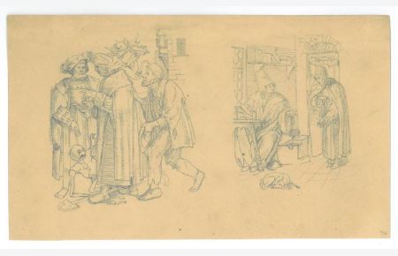 Der Tod mit Schaufel kauert zu Füßen von zwei Patriziern der Renaissancezeit, einem der Herren sitzt ein Teufelchen im Nacken, von hinten tritt ein Bittsteller heran. Rechts eine weitere Szene.