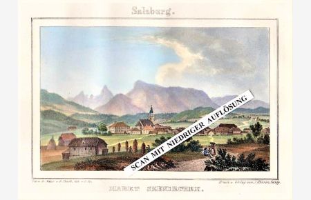 Markt Seekirchen. Kolorierte Orig. Lithographie von J. Stießberger nach Georg Pezolt.