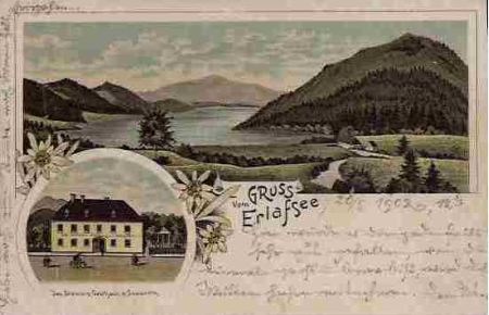 Gruss vom Erlafsee. [u. Jos. Steiners Gasthaus z. Seewirth]  - Farb. Litho-Ansichtskarte.
