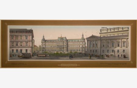 Franzens-Ring. Vorstadtseite mit dem Justizpalaste (Belaria und Justizpalast in der ursprünglichen Planung um 1874). Zeichnung von L. E. Petrovits - Farbenholzschnitt von F. W. Bader.
