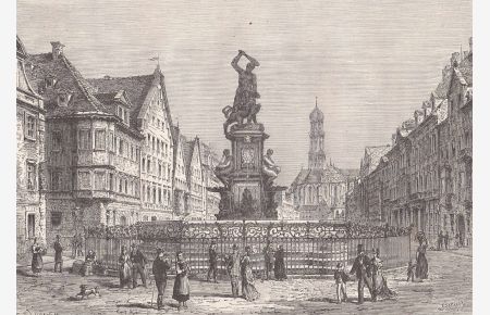 Die Maximilianstraße in Augsburg. Schöne Ansicht mit dem Brunnen im Vordergrund.