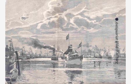 Ansicht der Parade der Rheinflotte im Hafen von Ruhrort vor der Kaiserin Auguste Viktroria und dem Prinzen Heinrich.