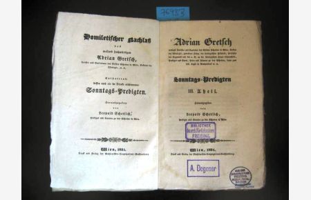 Sonntags-Predigten III. Theil. Herausgegeben von Leopold Scherlich, Prediger und Curator zu den Schotten in Wien.