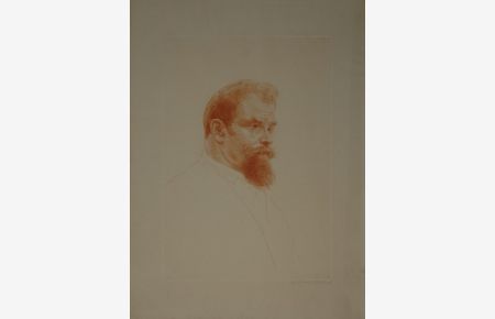 Portrait des Malers Max Klinger. Brustfigur im Profil nach rechts. Radierung in Rötel auf chamoisfarbigem Büttenpapier.