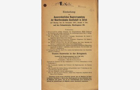 Einladung zur Ausserordentlichen Hauptversammlung der Naturforschenden Gesellschaft in Zürich auf Montag den 12. November 1917, abends 8 Uhr, auf der Schmidstnbe, Marktgasse SO.