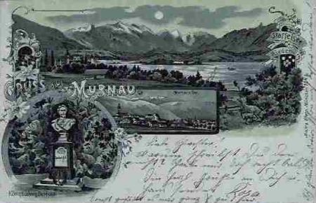 Gruss aus Murnau.   - Potpourri-Litho-Ansichtskarte mit 3 Bildern ( Gesamtansicht, Murnau v. Ost, König-Ludwig Denkmal)