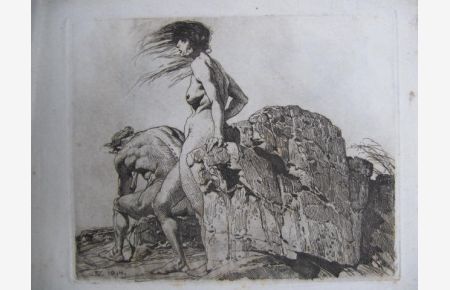 Original-Radierung.   - Motiv: ein unbekleidetes Paares an einem Felsbrocken darstellend.
