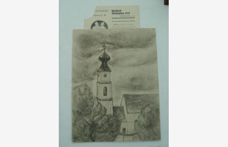 Kirche Zwiebelturm Obermenzing München Pressefestkarte Bleistift Zeichnung unsigniert wohl Fritz Kuitan 1939