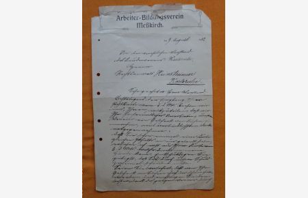 Schreiben des Arbeiterbildungsvereins Meßkirch an den ABV in Karlsruhe Namentlich an Herrn Heinsheimer v. M. Blum unterzeichnet