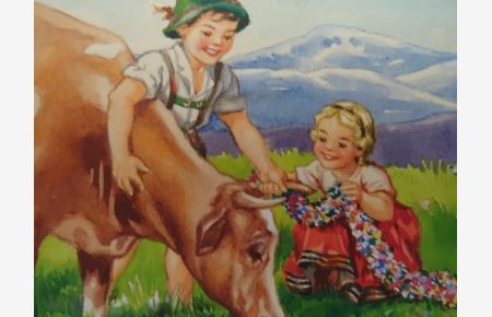 Almszene mit Kindern und einer Kuh. Aquarell, um 1955. 8, 5 x 17 cm.