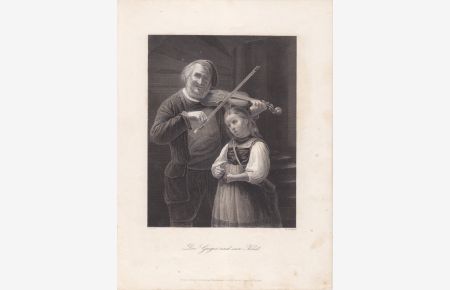 Der Geiger uns sein Kind, schöner Stahlstich um 1850 von W. French nach E. d´Uncker, Blattgröße: 26, 5 x 20 cm, reine Bildgröße: 20 x 13, 5 cm.
