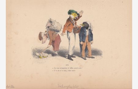 Drehorgelspieler, altkolorierter Holzstich von 1855 von Grandville, Menschenkörper mit Tierköpfen, Blattgröße: 17, 5 x 27, 3 cm, reine Bildgröße: 12 x 14 cm.