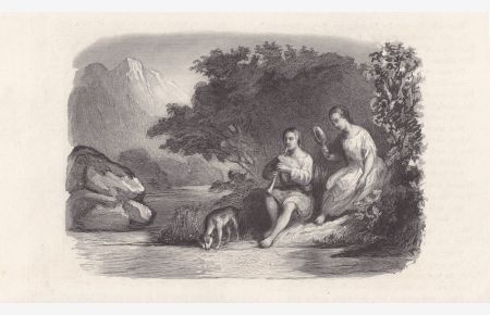 Dudelsack, Paar am Wasser, Stahlstich um 1840, Blattgröße: 13, 8 x 23 cm, reine Bildgröße: 11, 5 x 17 cm.