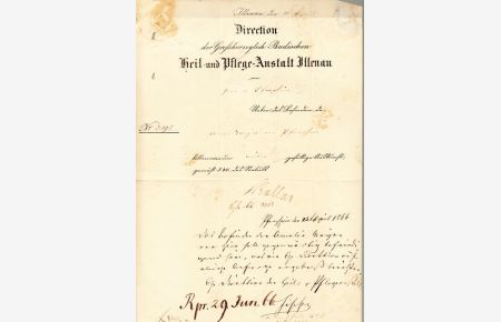 Brief mit eigh. Unterschrift von Roller und eigh. mehrzeilige Antwort mit Unterschrift von Fischer.   - Illenau 11. April 1866 und Pforzheim 14. April 1866