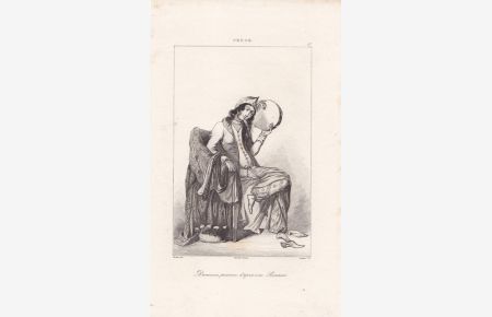 Danseuse persane. d´apres und Peinture, Trommel, Tänzerin, Kupfestich um 1820 von Chaillot, Blattgröße: 21 x 12, 5 cm, reine Bildgröße: 15, 5 x 9 cm.