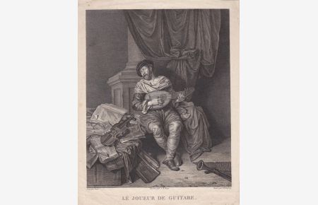 Der Gitarrenspieler, Le Joueur de Guitare, schöner Kupferstich um 1815, Battgröße: 23, 5 x 18, 5 cm, reine Bildgröße: 21, 5 x 16, 5 cm.